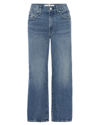Blue jeans with a mid-rise straight-leg cut and faded wash, displayed front view on a white background are the AMO Billie Cropped Wide Straight Leg in Chaperone.