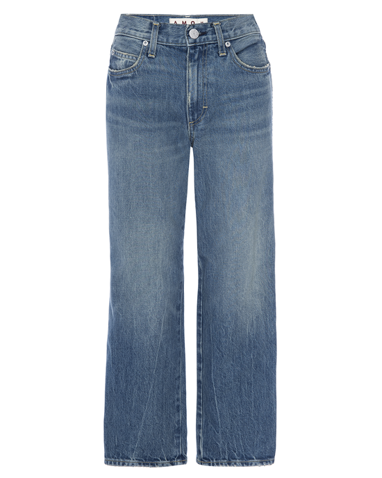 Blue jeans with a mid-rise straight-leg cut and faded wash, displayed front view on a white background are the AMO Billie Cropped Wide Straight Leg in Chaperone.