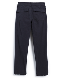 Frank & Eileen's Blackrock Utility Pant in Washed Black, a navy blue, relaxed fit front pants with unfinished hems, is displayed against a white background.