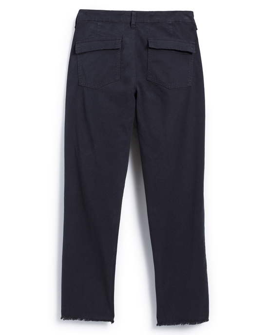 Frank & Eileen's Blackrock Utility Pant in Washed Black, a navy blue, relaxed fit front pants with unfinished hems, is displayed against a white background.