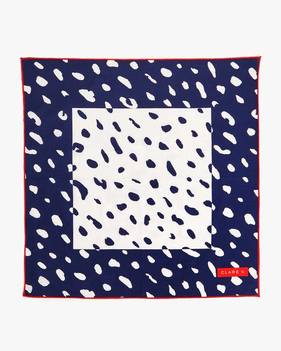 Jaguar Bandana in Navy & Cream with a red border and Clare V. bandana brand tag, made in India.