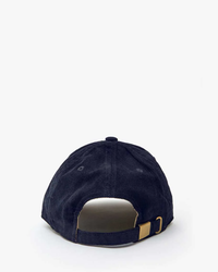 Clare V. Emb Petit Block Ciao Corduroy Baseball Hat in Navy w/ Bright Poppy displayed against a white background.