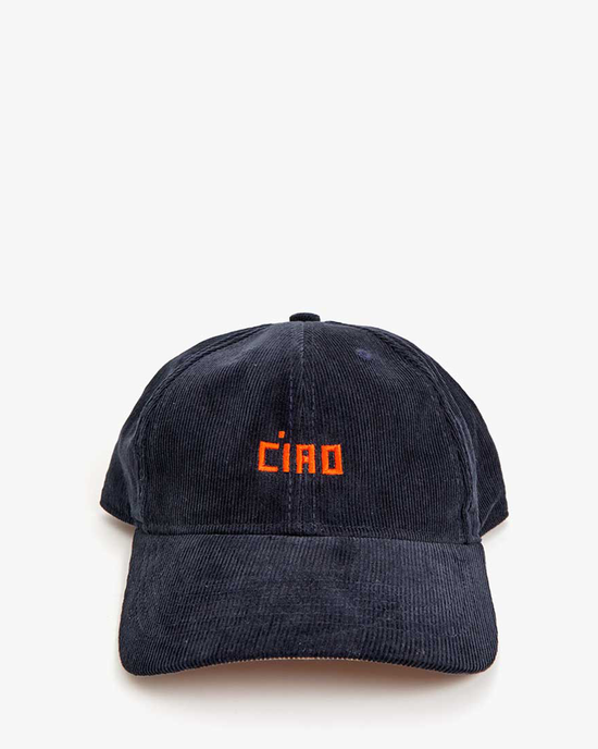 Emb Petit Block Ciao Corduroy Baseball Hat in Navy w/ Bright Poppy by Clare V.
