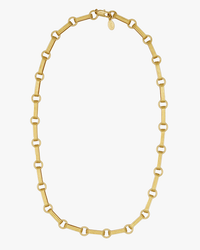 A Clare V. 14k gold plated Book Chain Necklace - 18in in Vintage Gold with oval links and circular connectors on a white background, featuring a lobster claw closure.