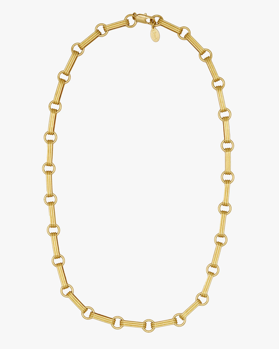 A Clare V. 14k gold plated Book Chain Necklace - 18in in Vintage Gold with oval links and circular connectors on a white background, featuring a lobster claw closure.