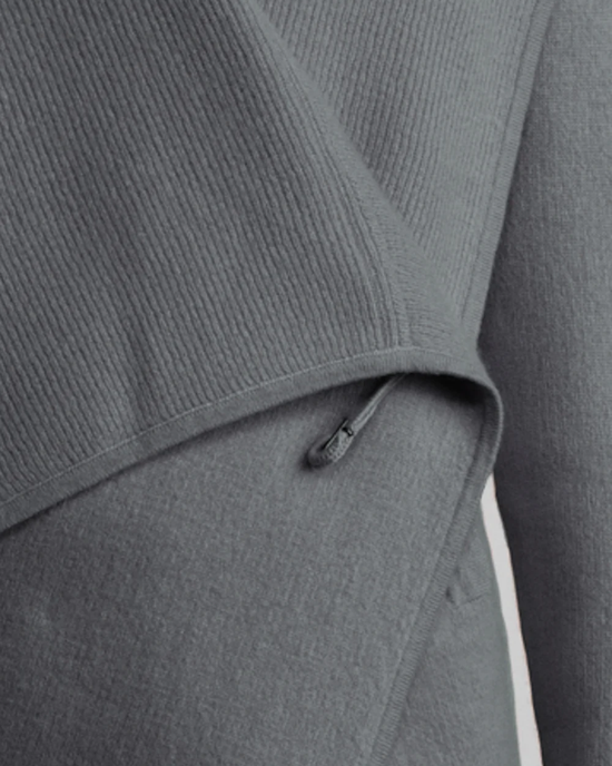 Close-up of a Margaret O'Leary gray cashmere coat fabric with a zipper detail in St. Claire Steel.