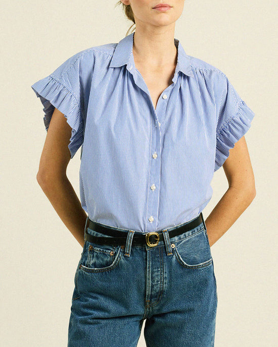 Marianne B Ruffle Slv Shirt in Blue/White Stripe