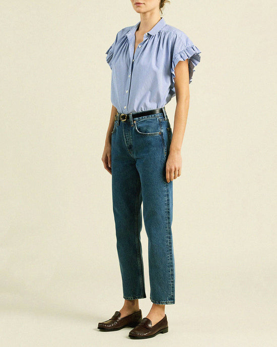 Marianne B Ruffle Slv Shirt in Blue/White Stripe