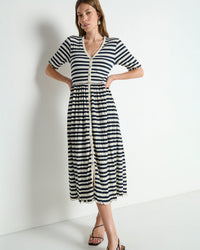 Claudine Midi Dress in Crinkle Stripe - Bliss Boutiques