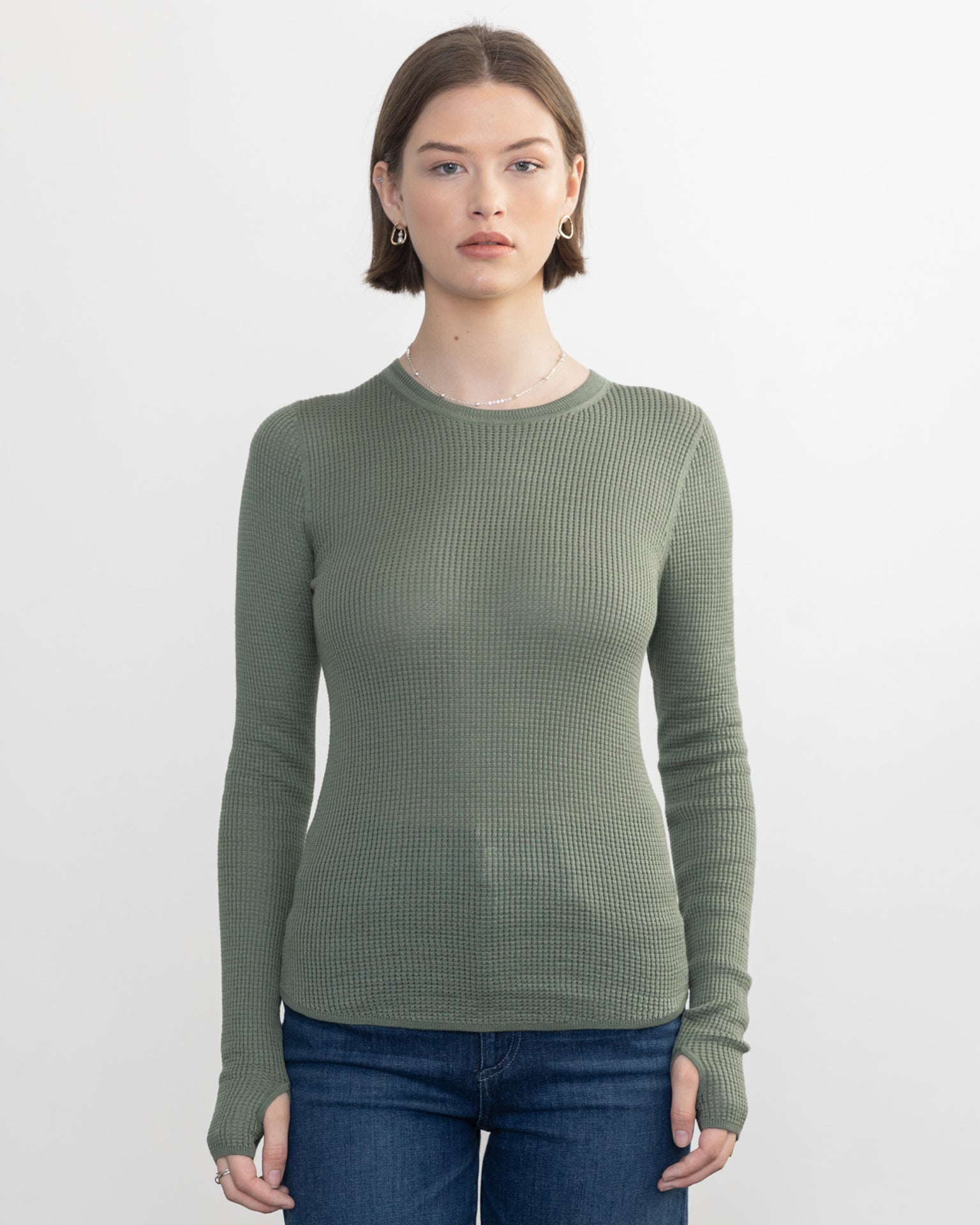 Shirtail Waffle Crew in Sage