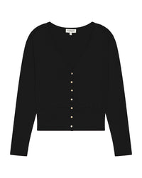 The Colette Cardigan Top in Jet Black by Nation LTD is a long-sleeve, V-neck design with gold buttons, made from soft Peruvian Cotton. The top is displayed laid flat on a white background.