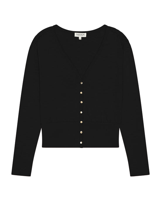 The Colette Cardigan Top in Jet Black by Nation LTD is a long-sleeve, V-neck design with gold buttons, made from soft Peruvian Cotton. The top is displayed laid flat on a white background.