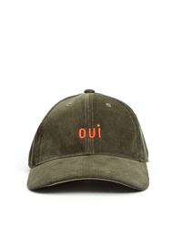 Emb Petit Oui Corduroy Baseball Hat in Olive w/ Bright Coral by Clare V.