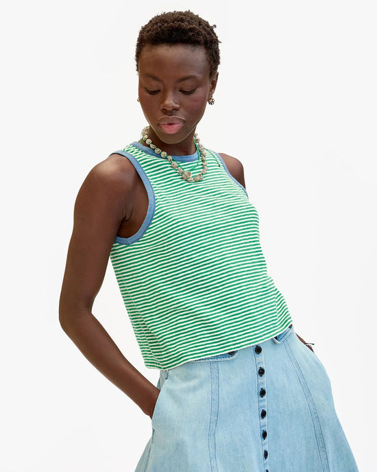 Clare V. Camp Fit Tank in Green/Cream Cotton/Linen Mini Stripe 