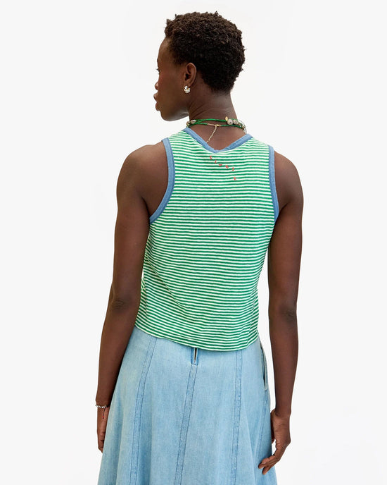 Clare V. Camp Fit Tank in Green/Cream Cotton/Linen Mini Stripe 