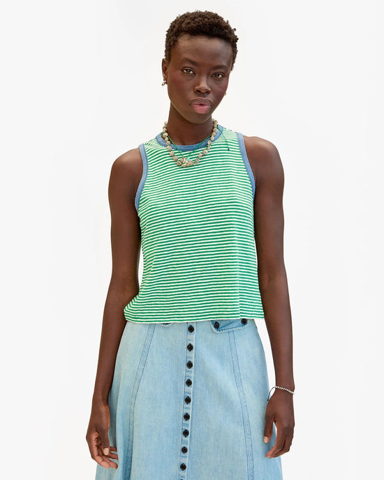 Clare V. Camp Fit Tank in Green/Cream Cotton/Linen Mini Stripe 