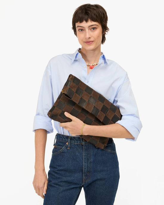Clare V. Carryall Clutch w/ Tabs - Nappa & Suede Checker in Black/Chocolate 