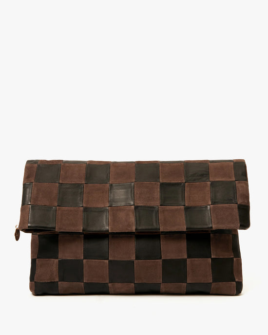 Clare V. Carryall Clutch w/ Tabs - Nappa & Suede Checker in Black/Chocolate 