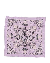 The Classic Cotton Bandana in Lilas by Maison Lecomte Flament is a lavender square featuring an intricate black and white floral and paisley design.