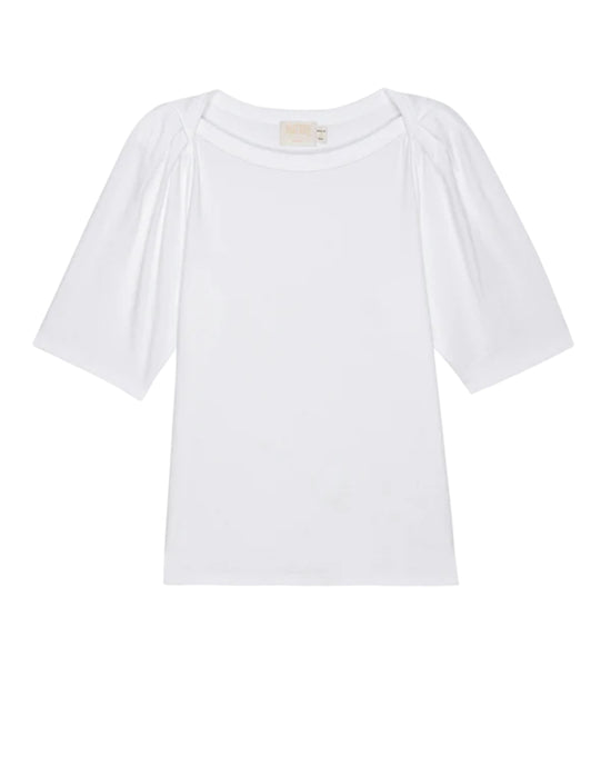 Nation LTD's Deana Solid Envelope T Shirt in White with puffed three-quarter sleeves and an envelope neckline on a plain background.