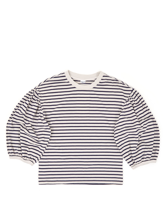 Drop Shoulder Tee in Navy & Cream Stripe by Clare V. displayed on a plain background.