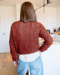 Pointelle Crew Neck Cardigan in Copper