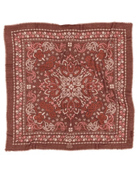 The Saint Emilion Wool & Silk Bandana in Rust by Maison Lecomte Flament features an intricate paisley and floral pattern in red, pink, and white, a central ornate design, patterned borders, and slightly frayed edges for a vintage touch.