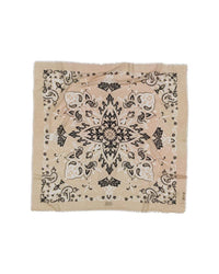 The Classic Wool & Silk Bandana in Beige by Maison Lecomte Flament boasts a square shape with black, white, and tan paisley and floral patterns, a star-like central motif, and a decorative border.