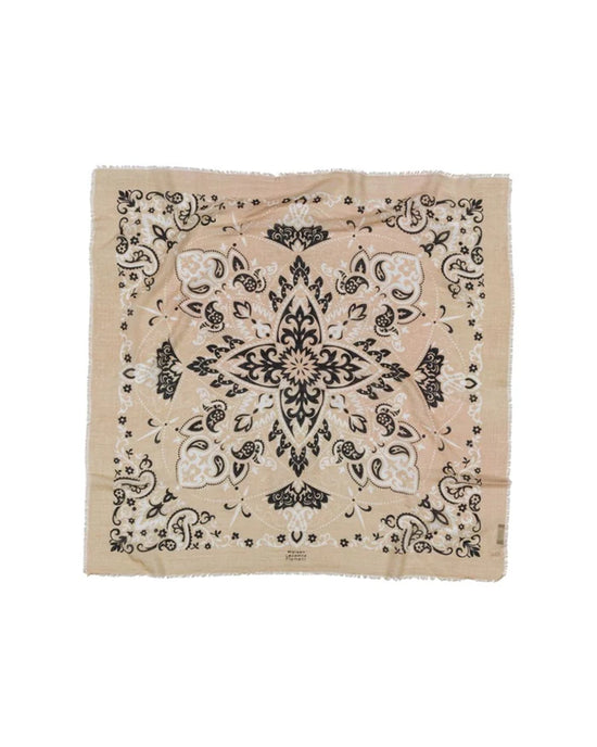 The Classic Wool & Silk Bandana in Beige by Maison Lecomte Flament boasts a square shape with black, white, and tan paisley and floral patterns, a star-like central motif, and a decorative border.