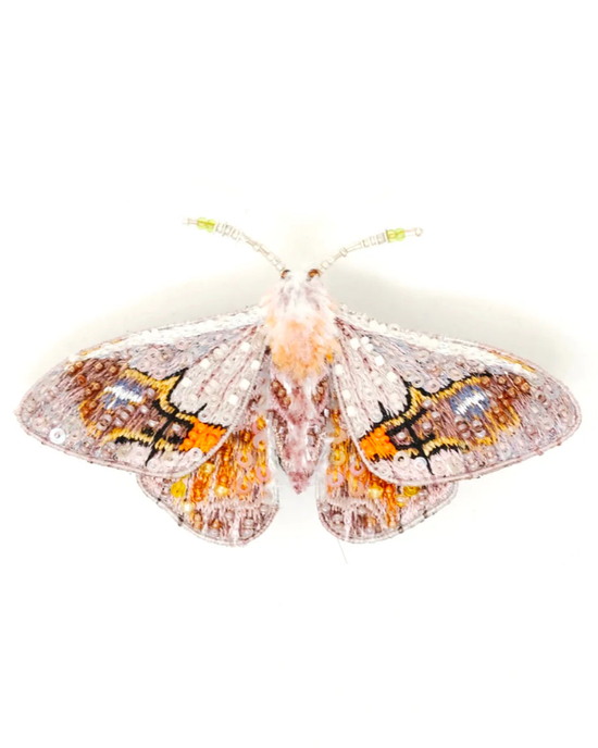 A handmade embroidery Trovelore Drepanid Moth Brooch Pin with patterned wings spread open against a white background.