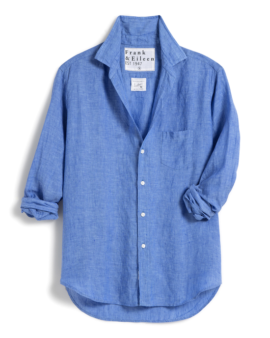 A blue Frank & Eileen Eileen Relaxed Button-Up Shirt in Blue Linen with a relaxed fit, showcased flat on a white background.