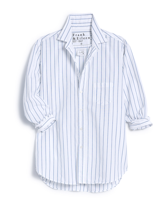 Eileen Relaxed Button Up Shirt in Faded Blue Stripe by Frank & Eileen displayed on a white background.