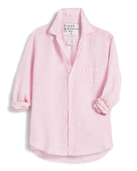 White and pink striped Italian Linen Eileen Relaxed Button-Up shirt with rolled-up sleeves, displayed flat with visible Frank & Eileen tag at the collar.