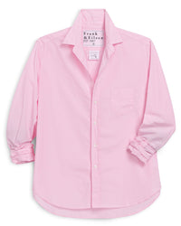 The Frank & Eileen Eileen Relaxed Button Up in Pink Stripe, a women’s long sleeve shirt with a small chest pocket and cuffed sleeves, is displayed neatly on a white background.