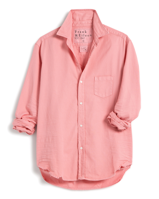 A pink Frank & Eileen Eileen Relaxed Button-Up shirt with rolled-up sleeves and a front pocket, crafted from Italian cotton, displayed on a white background.
