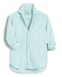 Frank & Eileen's Eileen Relaxed Button-Up Shirt in Sea Glass Denim with long sleeves, crafted from Italian Cotton, displayed on a white background. It features a collar, cuffs, and a single chest pocket.