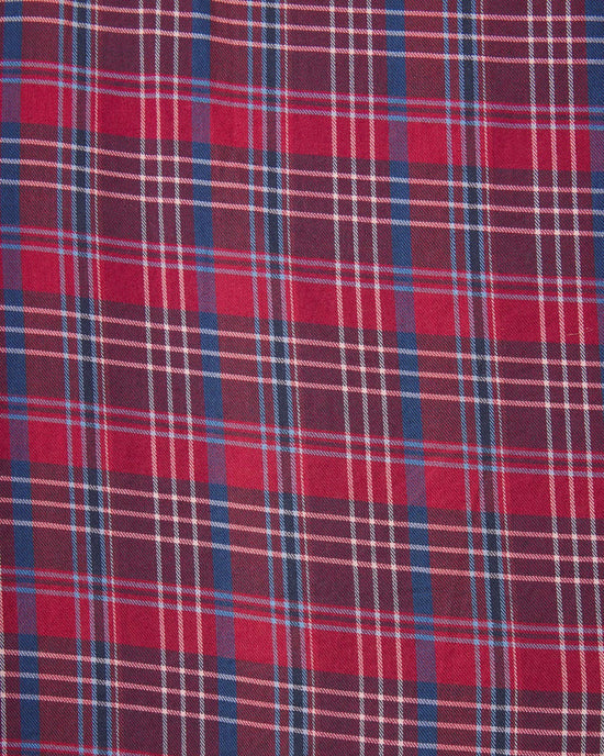 The Orly Blouse in Mulled Wine Plaid by Trovata Birds of Paradis features red and blue plaid with intersecting white, black, and light blue lines for a classic checkered look.