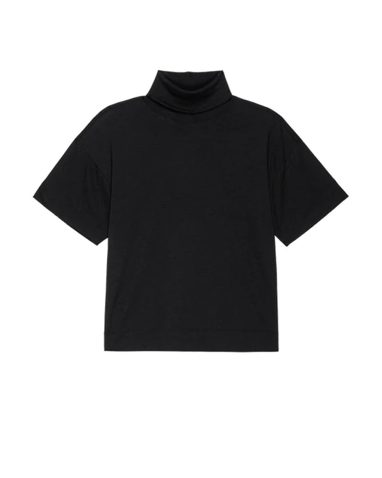The Nation LTD Fable Turtleneck Tee in Jet Black features a relaxed fit and short sleeves, displayed flat on a white background.