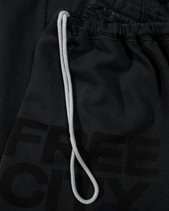 Close-up of the Free City FC Large Sweatpant in Volcano, made in the USA, featuring an elastic waistband, gray drawstring, and partially visible FREE CITY text in bold black on soft French Terry fabric.