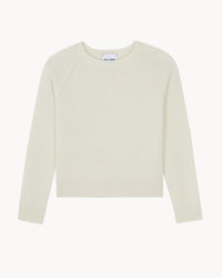 The Nimbus Crewneck in Blanc Vintage by Kujten is a slim, long-sleeved off-white cashmere sweater with a round neckline, ribbed cuffs, and ribbed hem, shown on a white background.