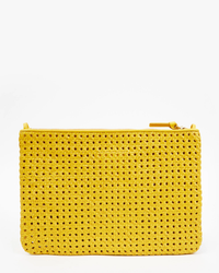 Yellow crocheted clutch purse with a zipper on a white background, resembling a Clare V Flat Clutch w/ Tabs in Dandelion Rattan.