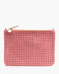Pink Rattan Flat Clutch w/ Tabs in Petal by Clare V. on white background.