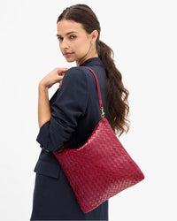 Foldover Clutch - Medium Woven Diagonal w/ Strap in Garnet