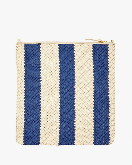 Clare V. Woven Racing Stripe Foldover Clutch w/ Tabs in Indigo & Cream bag on a white background.