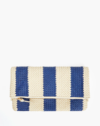 Blue and beige woven racing stripe foldover clutch purse by Clare V. on a white background.