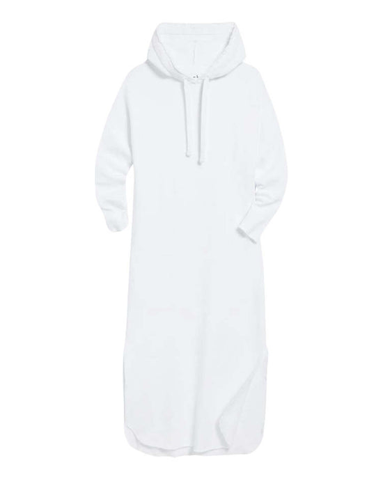 The Frank & Eileen Mini James Hooded Cape Dress in White French Terry features long sleeves, a drawstring hood, and a relaxed fit, shown on a plain background.