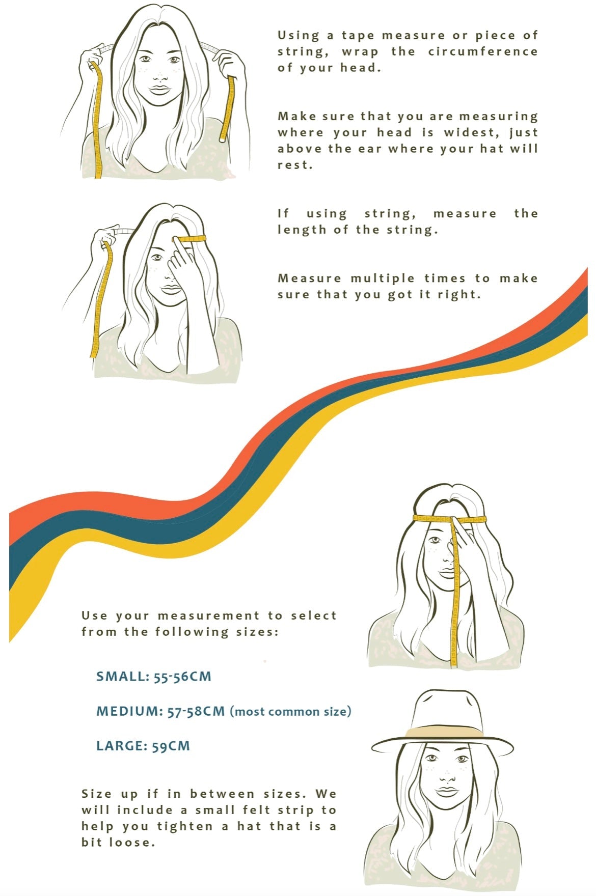 Illustrated guide on how to measure your head for a hat size.
