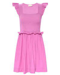 Pink sleeveless Nation LTD Ginger Smocked Mini in Prom Date with a ruffled skirt.