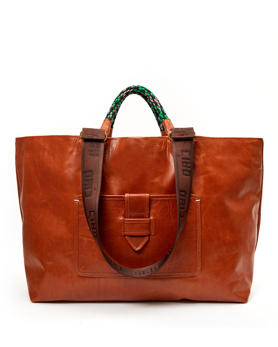 Large brown Clare V. Italian leather tote bag with green beaded handles and a small front pocket, displayed against a white background.