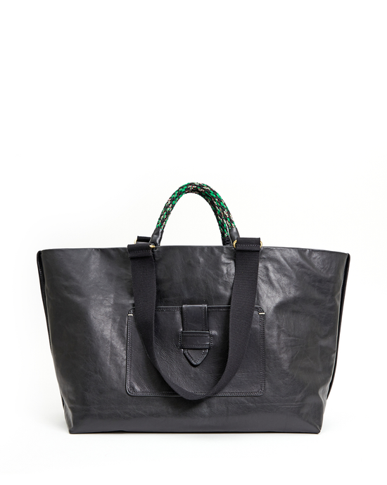 Grande Bateau Tote in Black New Look by Clare V. with green and black braided handles, featuring a front pocket, isolated against a white background.